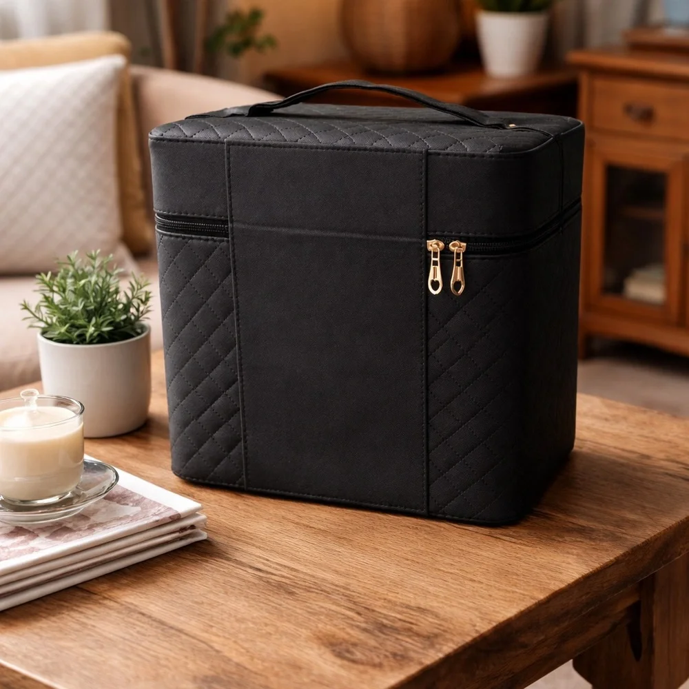 Black Quilted Makeup Train Case | Spacious Organizer